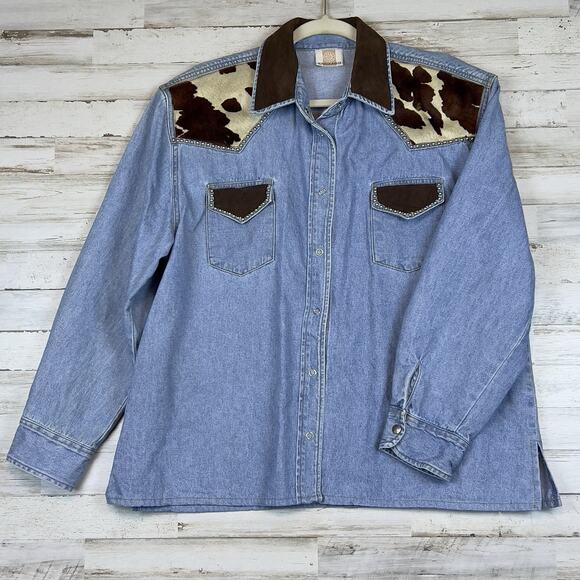 Western Tops - Vtg STREETS AHEAD Western Denim Shirt Large USA Suede Collar Cowhide Studs
